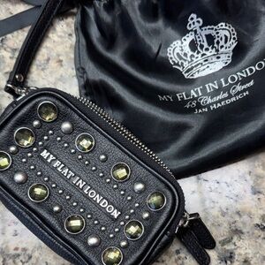 My Flat in London Black and Silver Embellished Wristlet and satin Bag